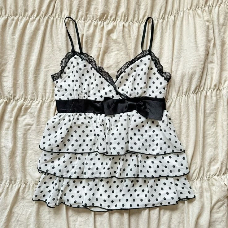 Sladké dievča Camis čipky Kórea kawaii voľná polka dot sexy luk harajuku dám