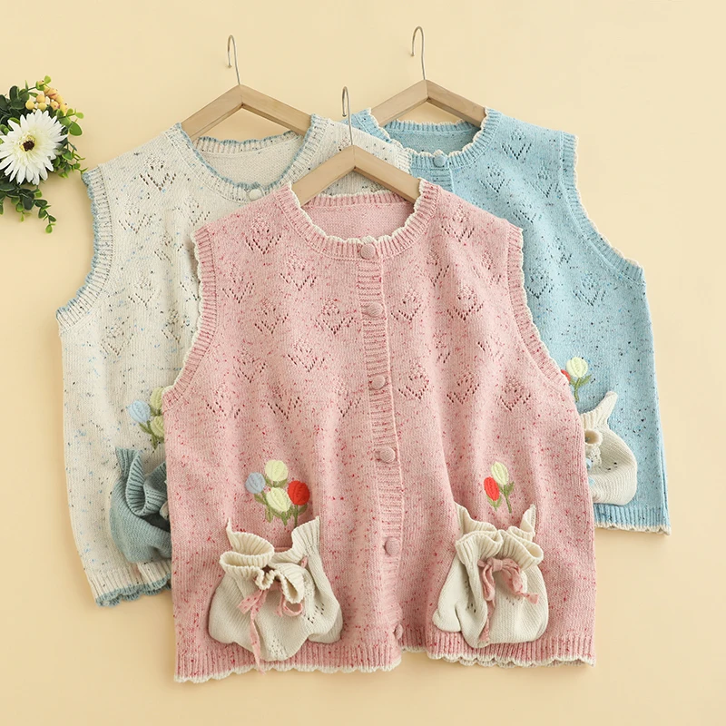Sladké mori dievča vyšívané pletené vesty pre ženy uvoľnené široké dutiny sveter sveter vesta kawaii lolita cardigan majer