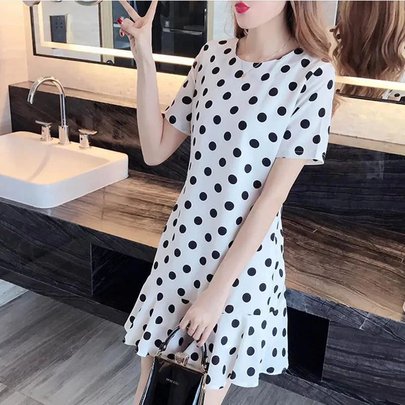 Sladké O-krk potlačené voľné ruffles Polka dot mini šaty dámske oblečenie 2023 leto Nové nadmerne nadmerné kancelárske šaty princezná