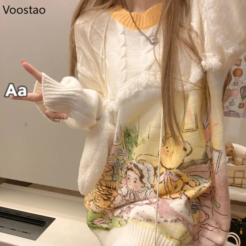 Sladké pletené pullovy Jeseň Zimné ženy Kawaii Cartoon tlač strapky Sleveter Coat Girls Dievča