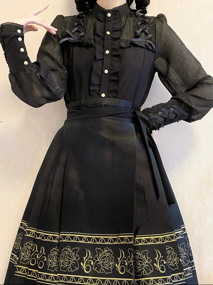 Sladké čipky čierne košele Ženy Lolita Style Stand Gollar Gigot Rukáv Blúzky Viktoriánske gotické volnice Topy Dievčatá Kawaii