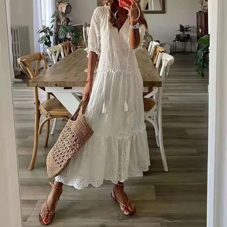 Sladké šaty s krkom v krku pre ženy Summer Vintage Elegantné krátke rukávy V-krk na slnečnicu dovolenku voľný y2k dlhé šaty Vestidos