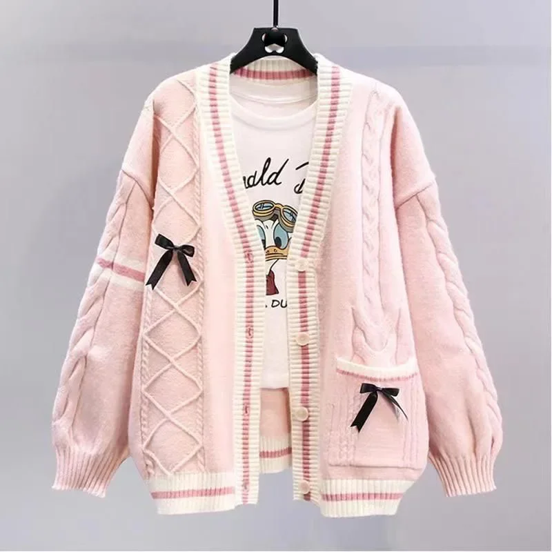 Sladký luk sveter sveter Ženy y2k estetický kontrast farebne V-krk pletená sveter kawaii jk single Breased Sweatters Coat