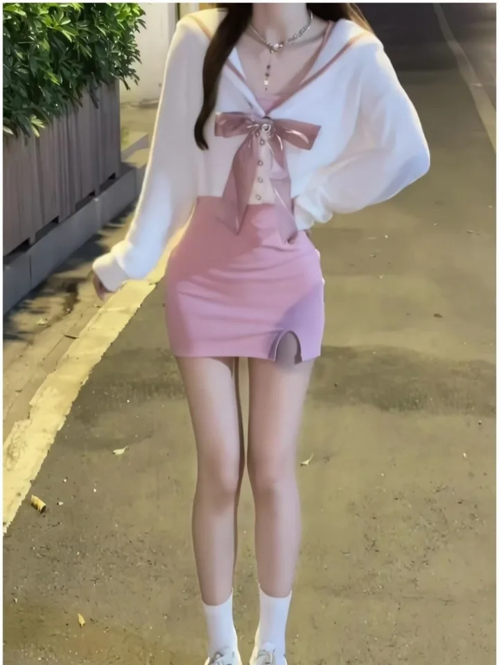 Sladký námornícky golier luk vodotesný panvicový pletený kardigan+ sexy štíhle šaty bez rukávov.
