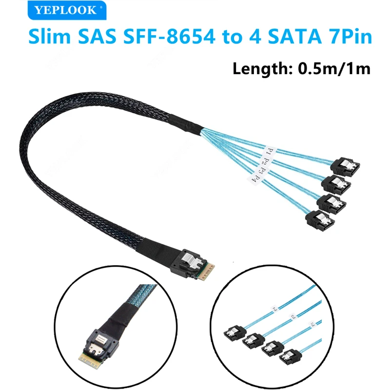 Slim SAS SFF-8654 až 4xsata SF-103 Vstavaný štíhly 38p až 7pin 12 Gbps RAID Data Cable pre server, HDD SSD, hostiteľ, PC Fanout 0,5 m/1M