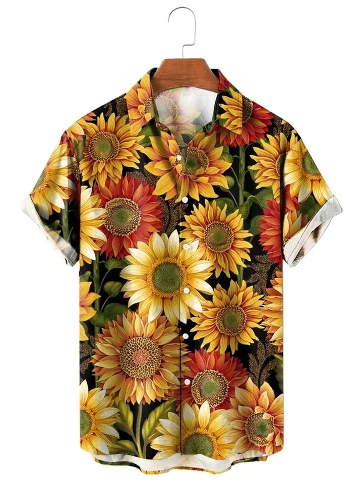 Slnečnicové havajské muži tričko 3D tlačené muž/dámske príležitostné módy Krátke rukávy tričká gombíky kloš