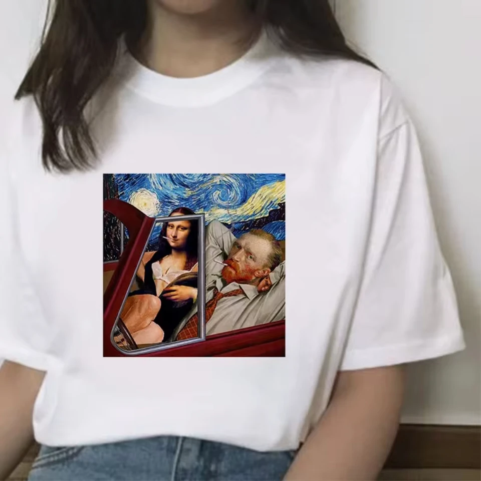 Slnečnicové tlačené tričko Van Gogh Art Tričko módne ležérne ženy voľné pohodlné bavlnené rukávy krátke rukávy Harajuku