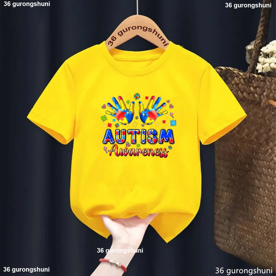 Slnečnicové tlačové tričko Detské topy Autizmus povedomie košeľa autizmus Detské tričko Puzzle diel autizmus