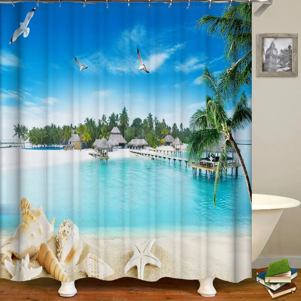 Slnečná plážová prímorská scenéria 3D tlačiarenská sprchová záclona veľká veľkosť 300x180 cm vodotesná polyesterová dekorácia DECON Curtain s háčikmi
