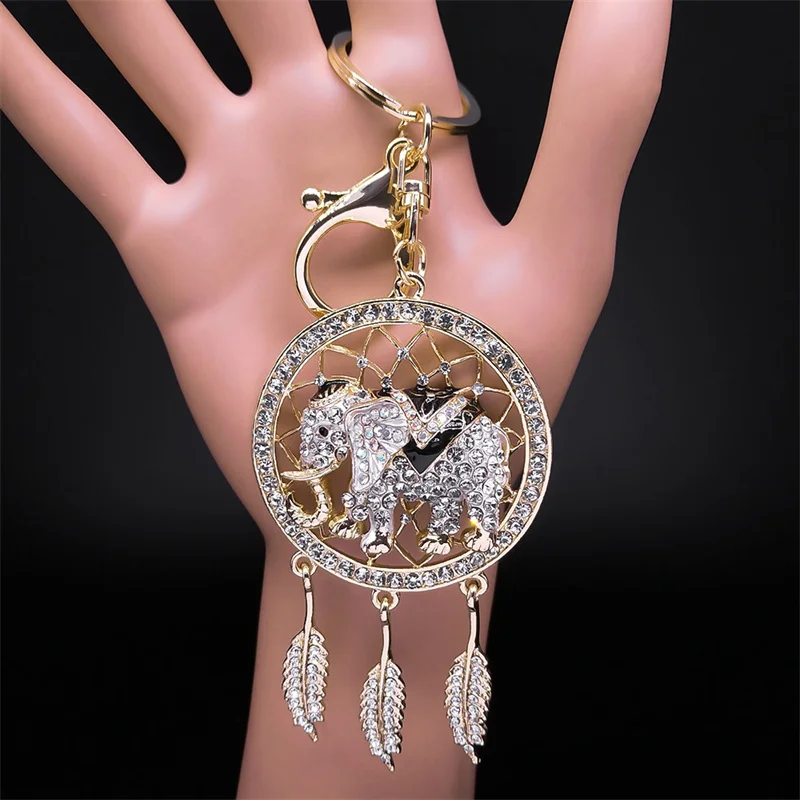 Slonový sen Catcher Keychain pre ženy kamienok zlatá farba perie Perie DreamCatcher Keyring Accessories šperky K9023S01