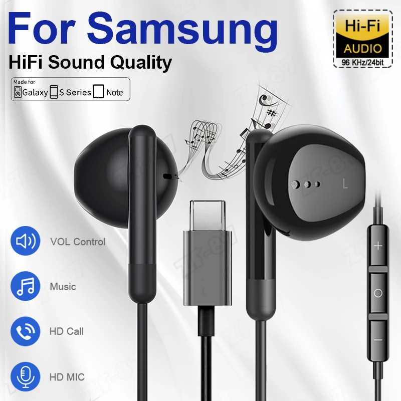 Slúchadlá typu C Bass stereo USB C káblové slúchadlá pre Samsung Galaxy S24 S23 S22 S21 S20 A53 A54 3,5 mm
