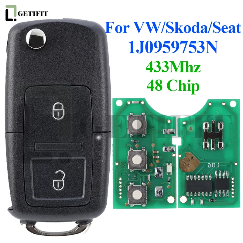 Smart Car Key Fit for Volkswagen Vw Beetle Bora Golf Seat Toledo Skota Octavia Auto Flip Fob 1J0959753n 433MHz ID48 Blade Hu66
