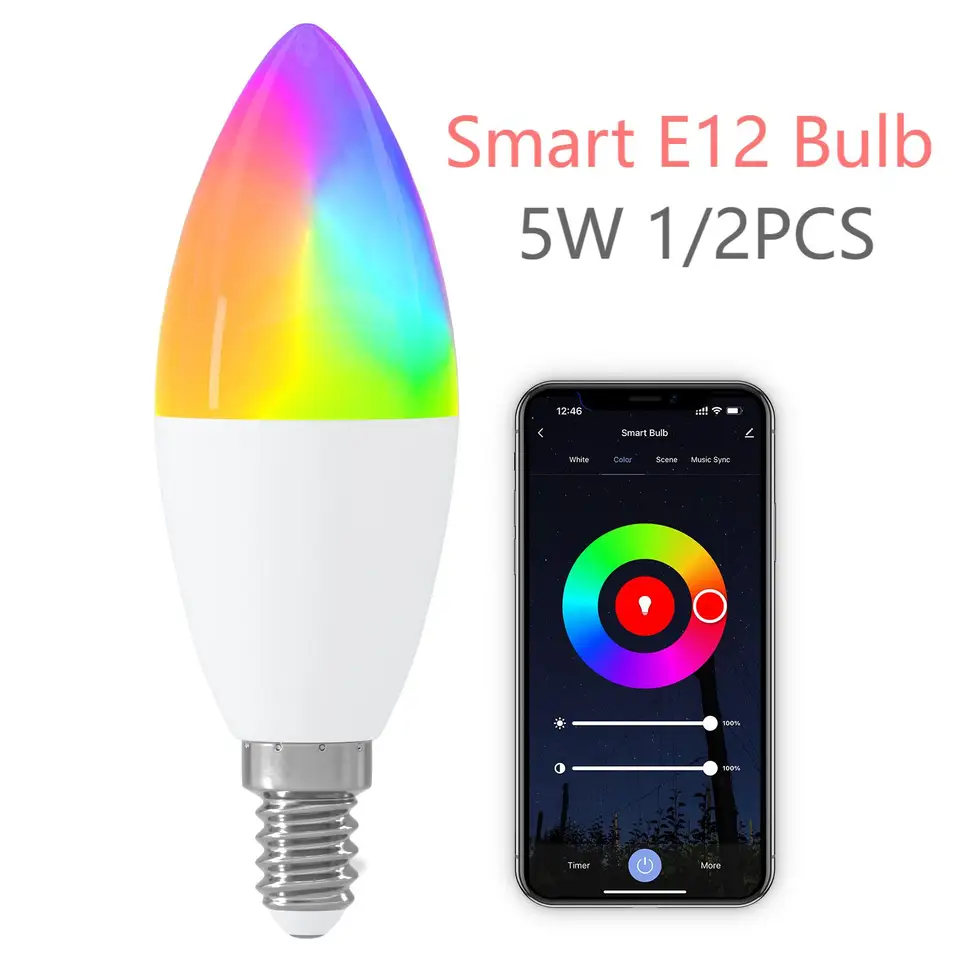 Smart E12 Sviečky žiarovky C37 110V 5W SMART LIGHT WIFI Bluetooth RGB Color Color Color Práca s Alexa Google Home LED žiarovka