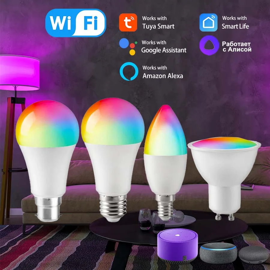 Smart WiFi LED žiarovky TUYA SMART LIFE RGB Lampa Alexa Google Alice 220V 110V E27 B22 E14 GU10 Spotlight Ampoules App App hlasové ovládanie hlasu