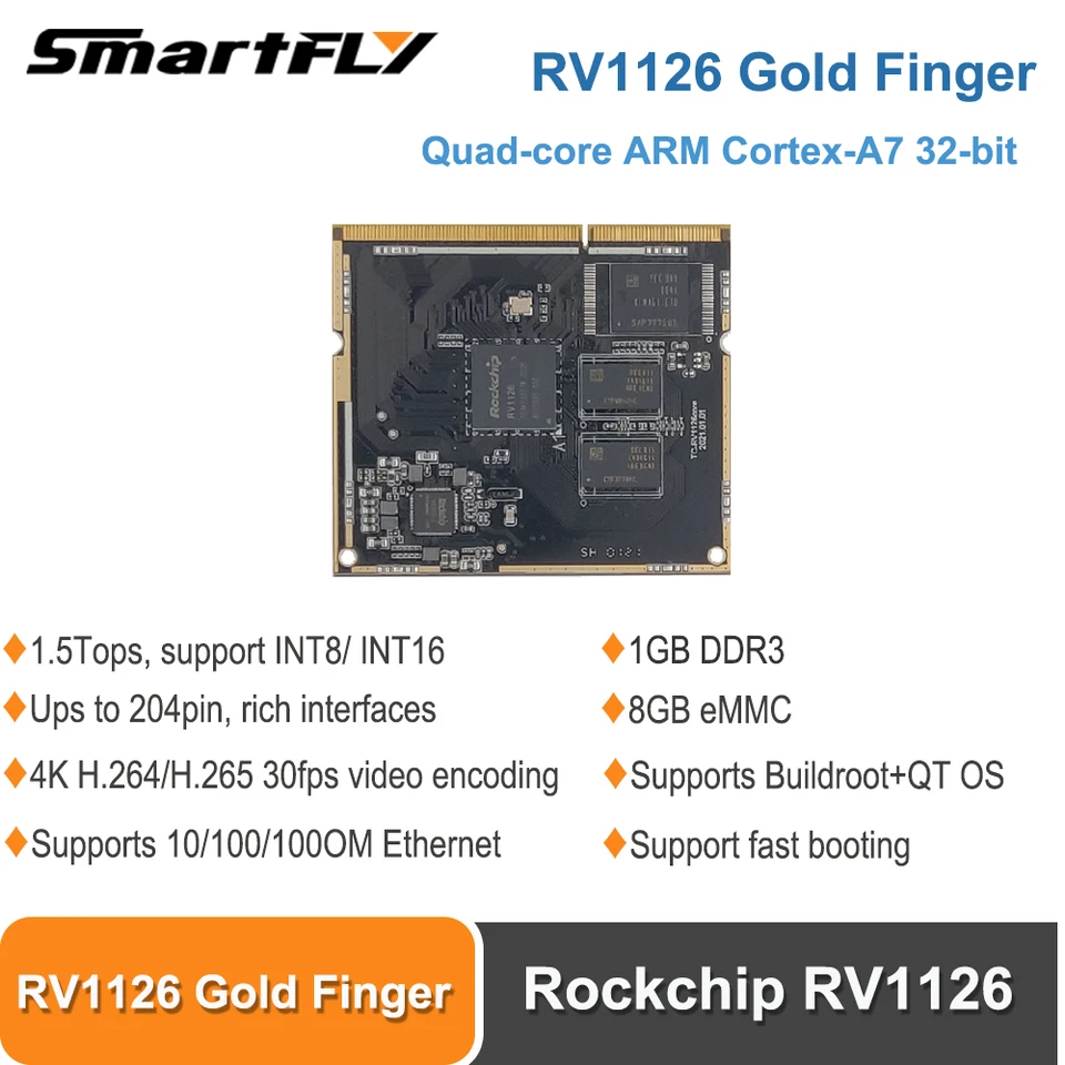 Smartfly Rockchip RV1126/RV1109 Gold Fing Quad Core Cortex A7 32 Bit Neon FPU 1G DDR3 8G EMMG Core Board