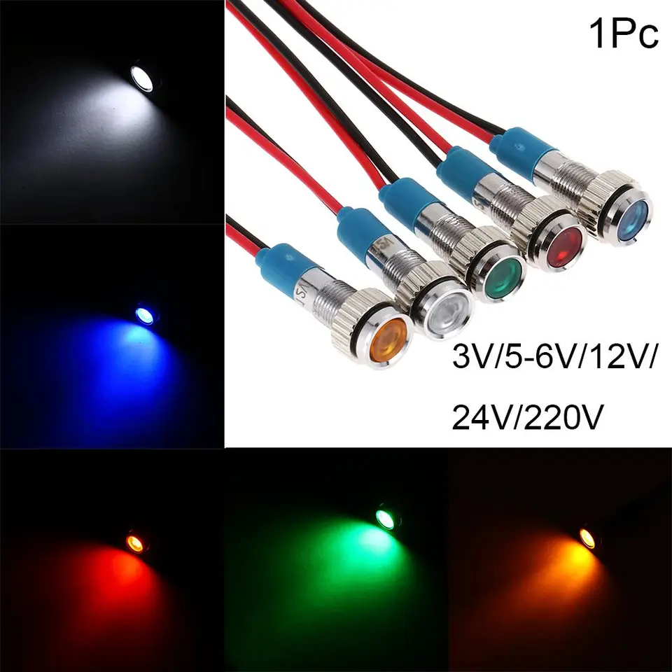 Smerový smer Pilot s drôtom červená žltá modrá modrá zelená biela 6 mm LED kov LED Indikátor Light Signal Lamp 3V 6V 9V 12V 24V 220V