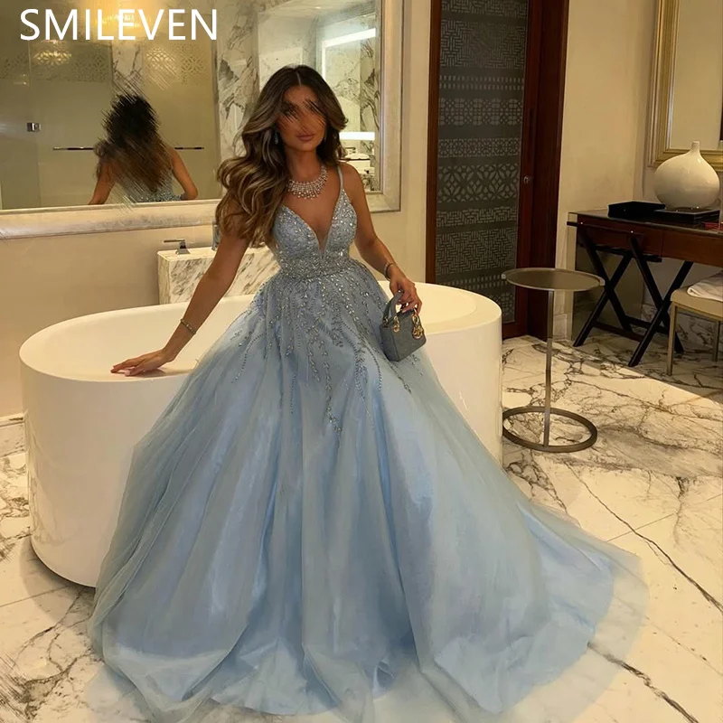Smileven A-Line Sky Blue Prom Dress Sexy čipky