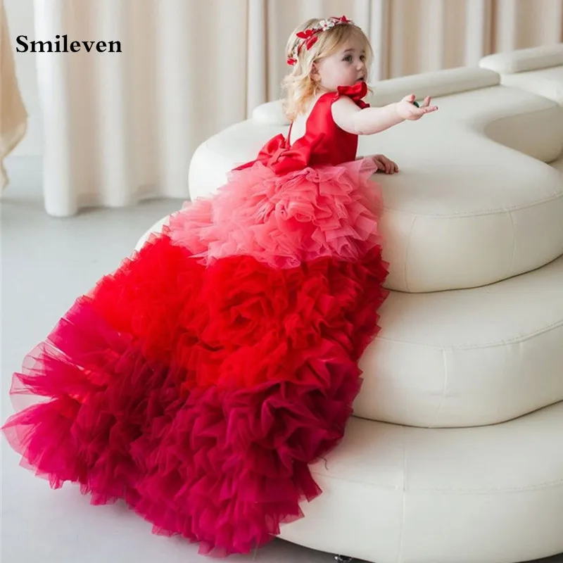 Smileven Fairy Girl Dress 5-6. Puff Tulle Knee Dĺžka spoločenských plášťov 3d kvetina vestidos para niñas prispôsobený