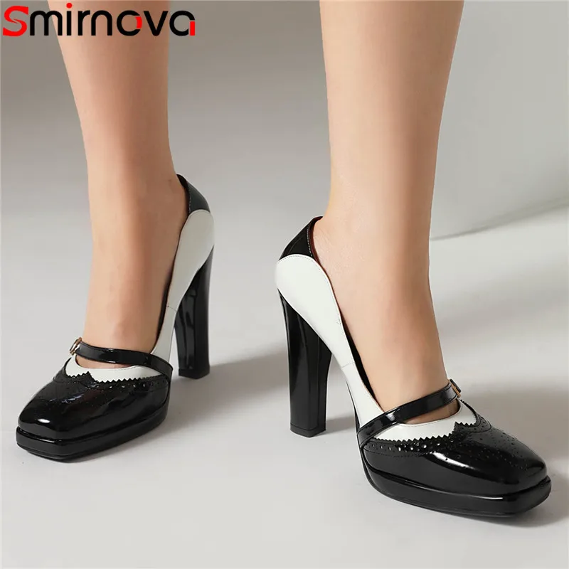 Smirnova 2023 Nová veľkosť 34-43 pracka Patent kožené topánky Žena Zmiešané farby Mary Janes Pumps Husté vysoké podpätky Platforma topánky