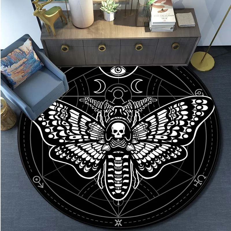 Smrť Moth Round Carpet Gothic Skull Round Floor Mat Butterfly Moon Obývacia izba kobercov