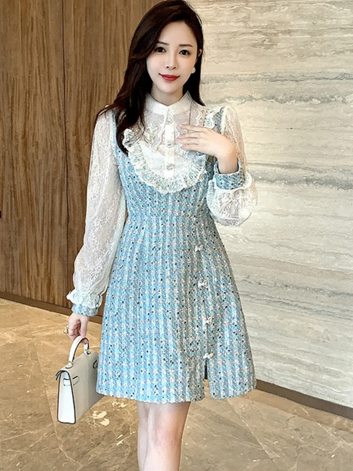 Smthma Mesh Patchwork Tweed Korálkové elegantné šaty pre ženy klopa s dlhým rukávom s vysokým pásom vlnené šaty ženské oblečenie