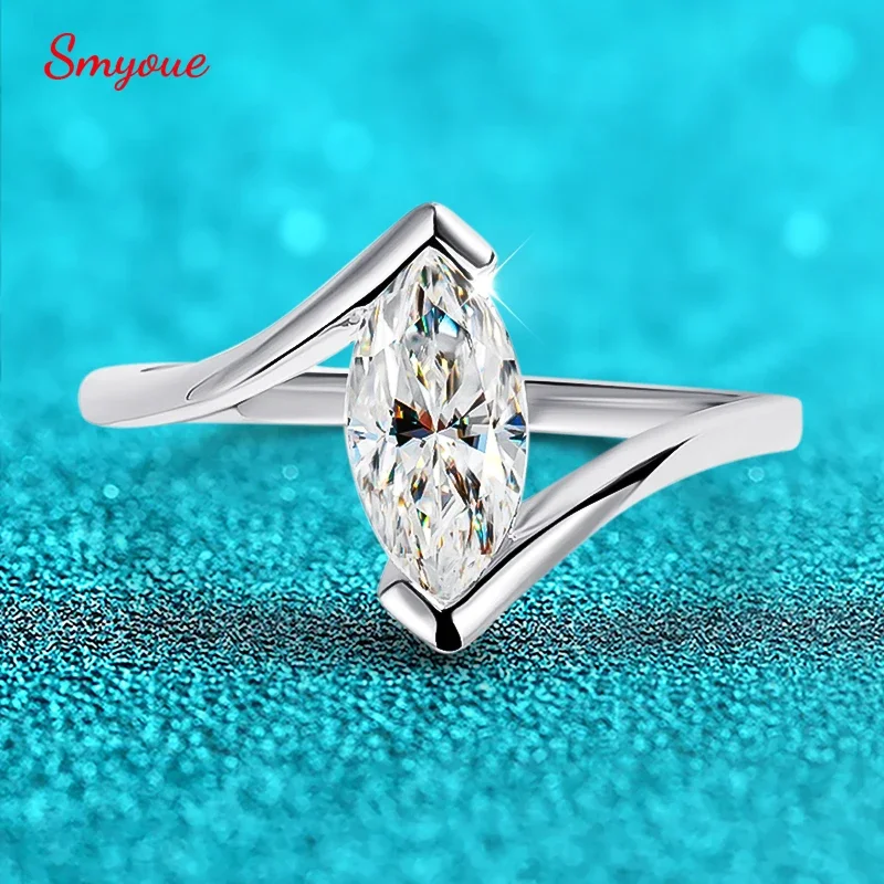 Smyoue 18K pokovovaný 1Ct Marquise Cut Moissanite Solitaire Ring pre ženy 100% 925 Sterling Silver Lab Diamond Weddind Band nevesta