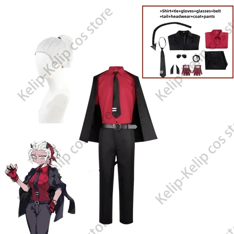 SN66 Anime Game Helltaker Justice Cosplay kostým Awesome Demon Wig Red Shirt Coat Uniforma Dospelá žena Halloween Carnival Suiw & m