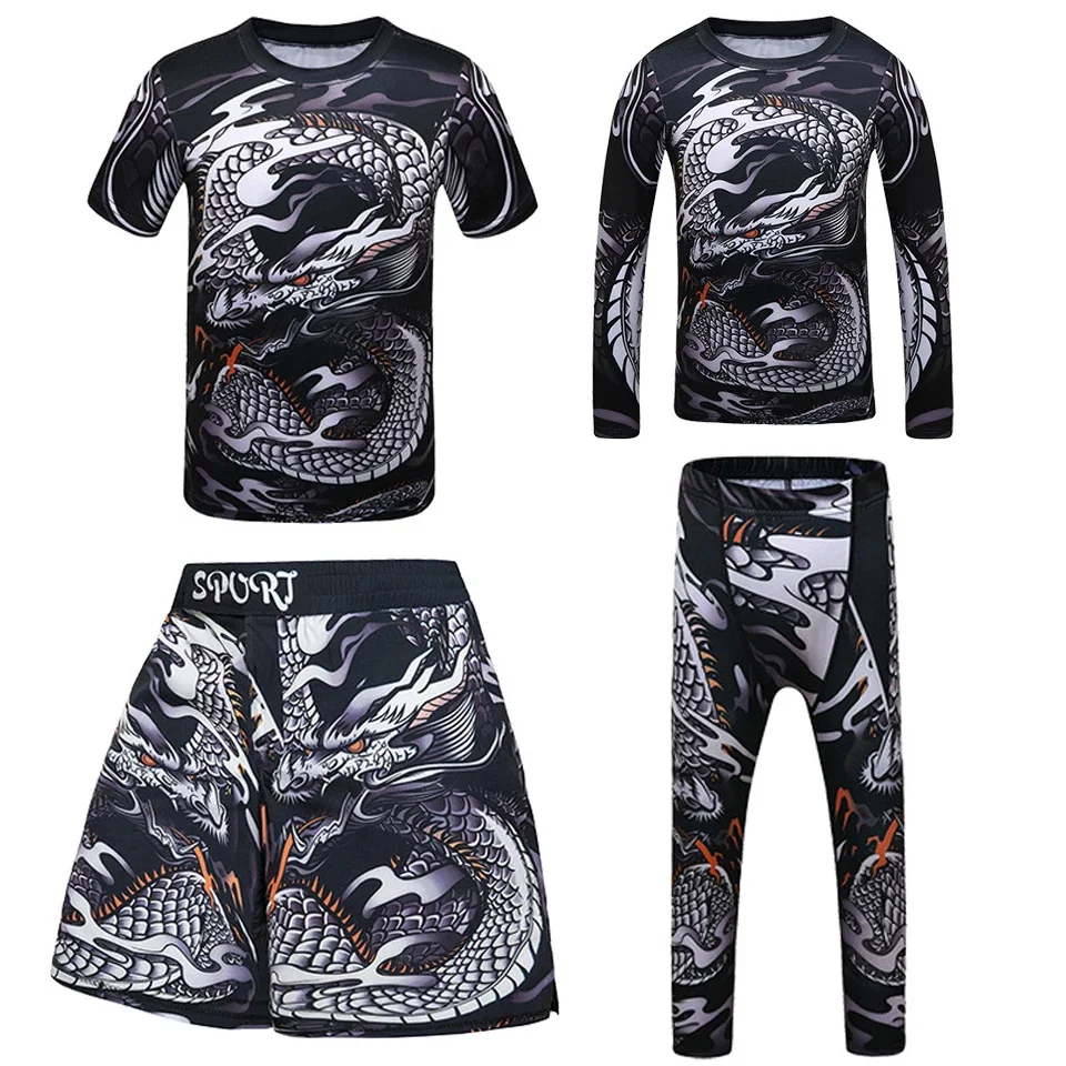 Snake Kids Jiu Jitsu MMA Tričko+nohavice Bjj Rashguard Kickbox Set Boy Deti Muay Thai Shorts MMA Clothing Compression Panels