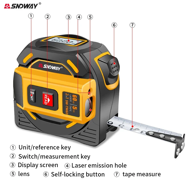 SNDWAY laserová meracia páska na meranie vzdialenosti 60 m 40 m DIGITÁLNA TAPE MERAJTE 2-v-1 laserový merač vzdialenosti Trena Range Finder Nástroje konštrukcie