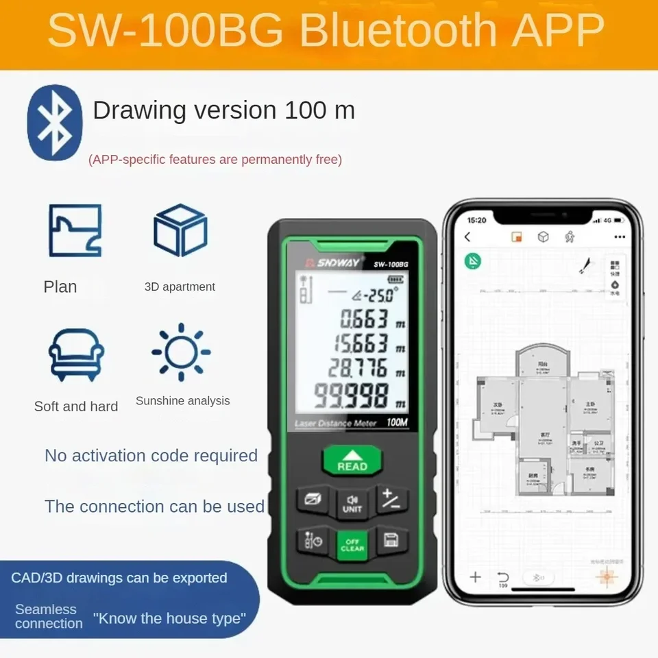 SNDWAY laserový merač vzdialenosti Zelené svetlo digitálny diaľničník Bluetooth Range Finder Tape Meery Electronic Level Praví