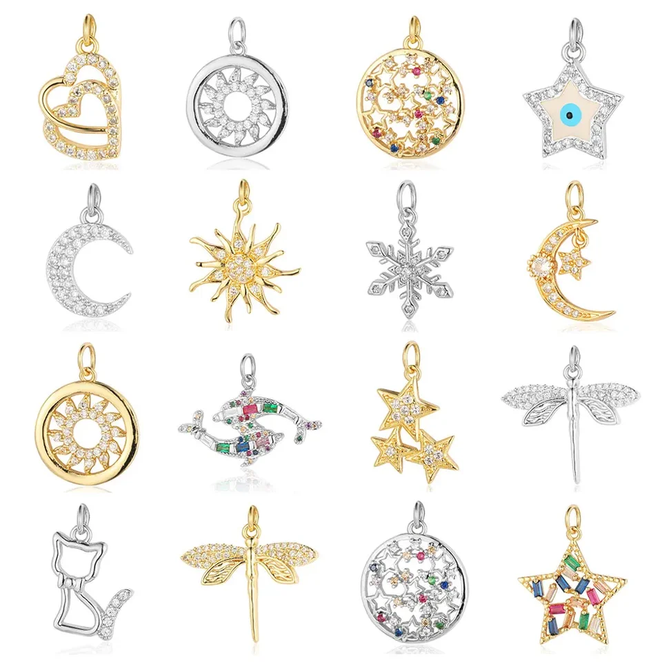 Snehová vločka srdiečko medený zirkón DIY šperky kúzla Sun Moon Dolphin Star Zlo Elo Eye Dragonfly Náramok náušnice