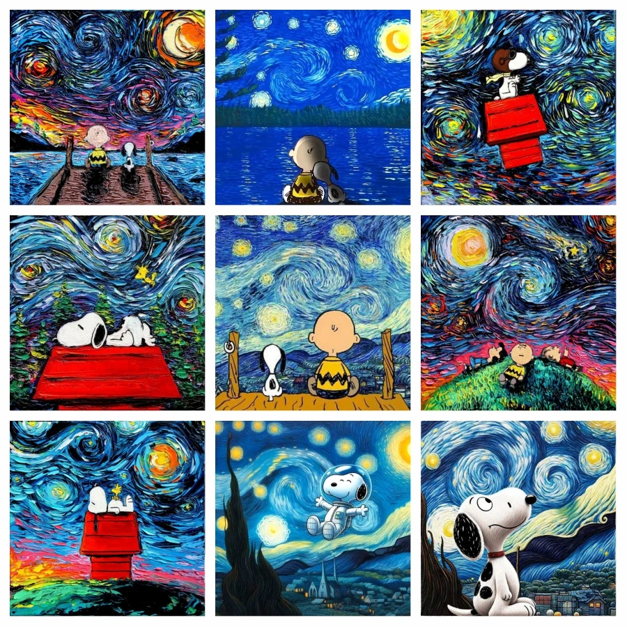 Snoopy van gogh art 5d DIY plné diamantové mozaika maľba roztomilý snoppy ps hou
