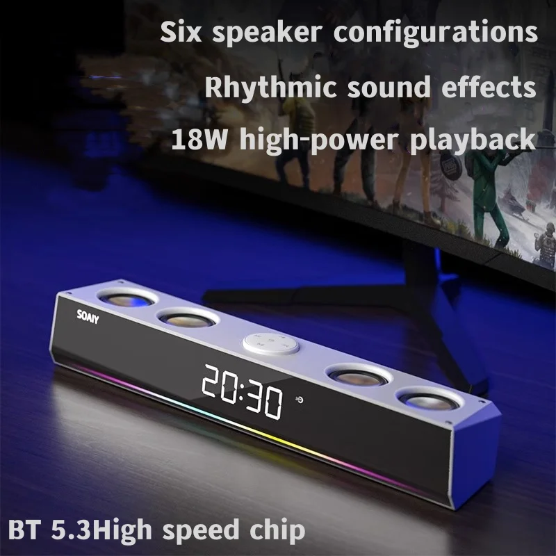 Soaiy SH18 Desktop Wireless Bluetooth Reproduktory High-Power Super Bass Sound Bar domáce kino pre počítač/televízor s inteligentnými hodinami a RGB