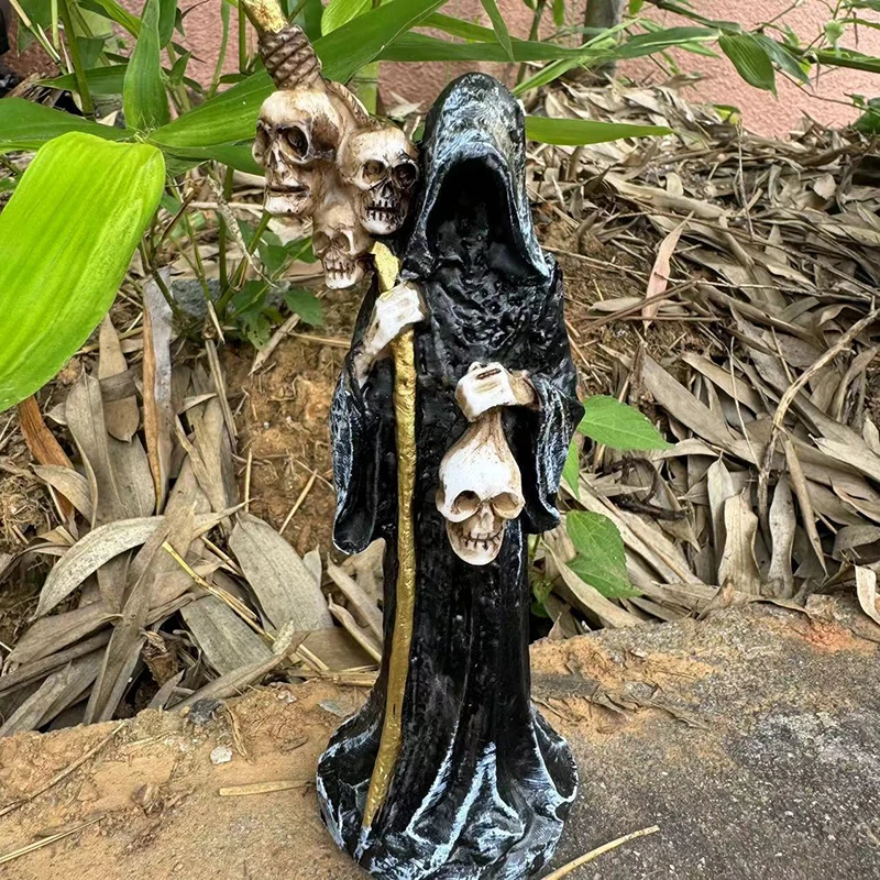 Socha svätej smrti stojatá dekoratívna muerte figurína Grim Reaper drží lebku hlavu sochu oltár Halloween