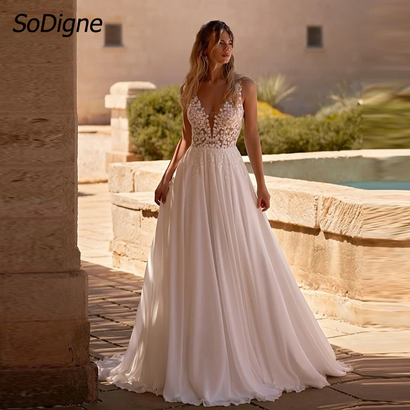 SODIGNE A-LINE Svadobné šaty Svadobné šaty bez rukávov bez rukávov V nevesty šaty nevesty dlhé svadobné šaty Vestidos de novia prispôsobené