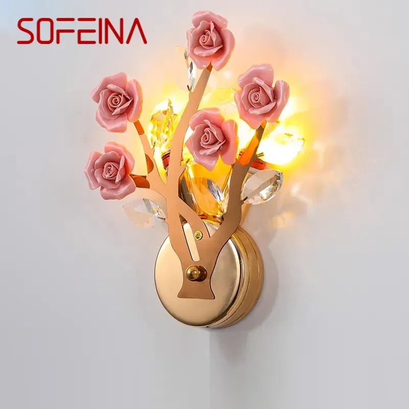 Sofeina moderná krištáľová nástenná lampa kreativita Keramika ružových kvetov obývacia izba spál