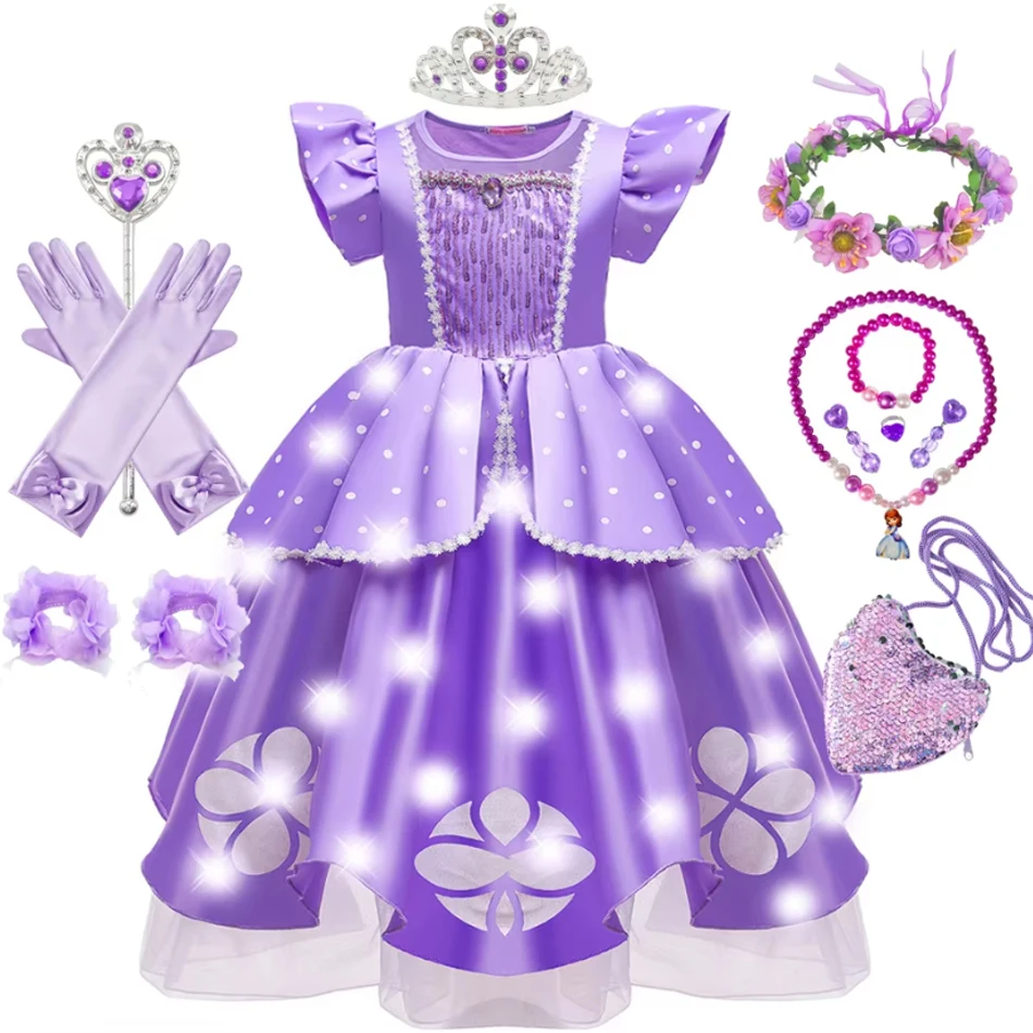 Sofia Cosplay princezná kostým pre dievčatá pre dievčatá narodeninová oslava luxus LED LED LIGHT UP Karneval anime filmový rola hrať šaty
