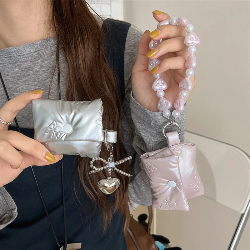 Soft -Puffer dole vrecká na slúchadlá pre Apple AirPods 4 3 Pro 2 Cover s reťazou Kórejský roztomilý nabíjacie puzdrá pre slúchadlá pre AirPod pre AirPod