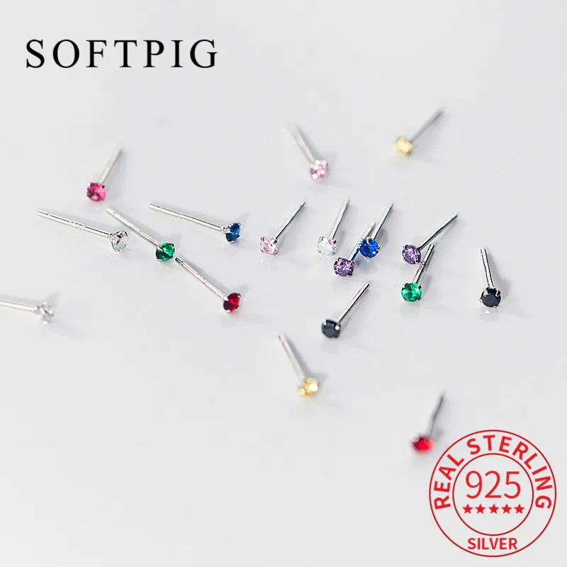 Softpig Real 925 Sterling Silver Tiny Round Round Single Zircon Stud náušnice pre ženy Party Classic Fine Jewelry Ear Piercing