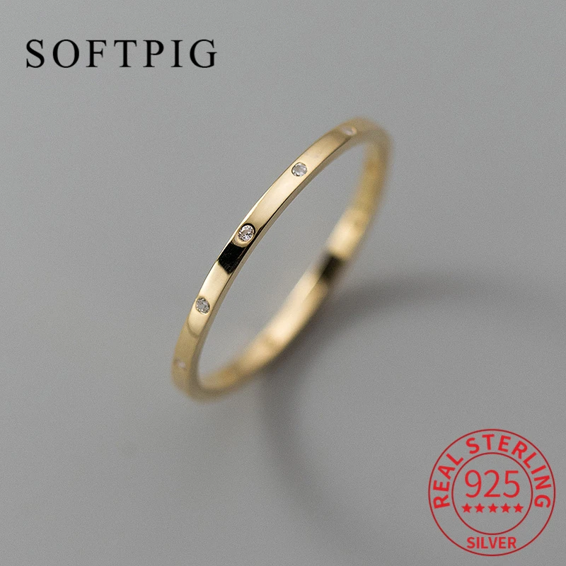 Softpig Real 925 Sterling strieborný zirkón CZ 18K Round Ring for Fashion Women Trend Fine Jewelry Minimalistické geometrické doplnky