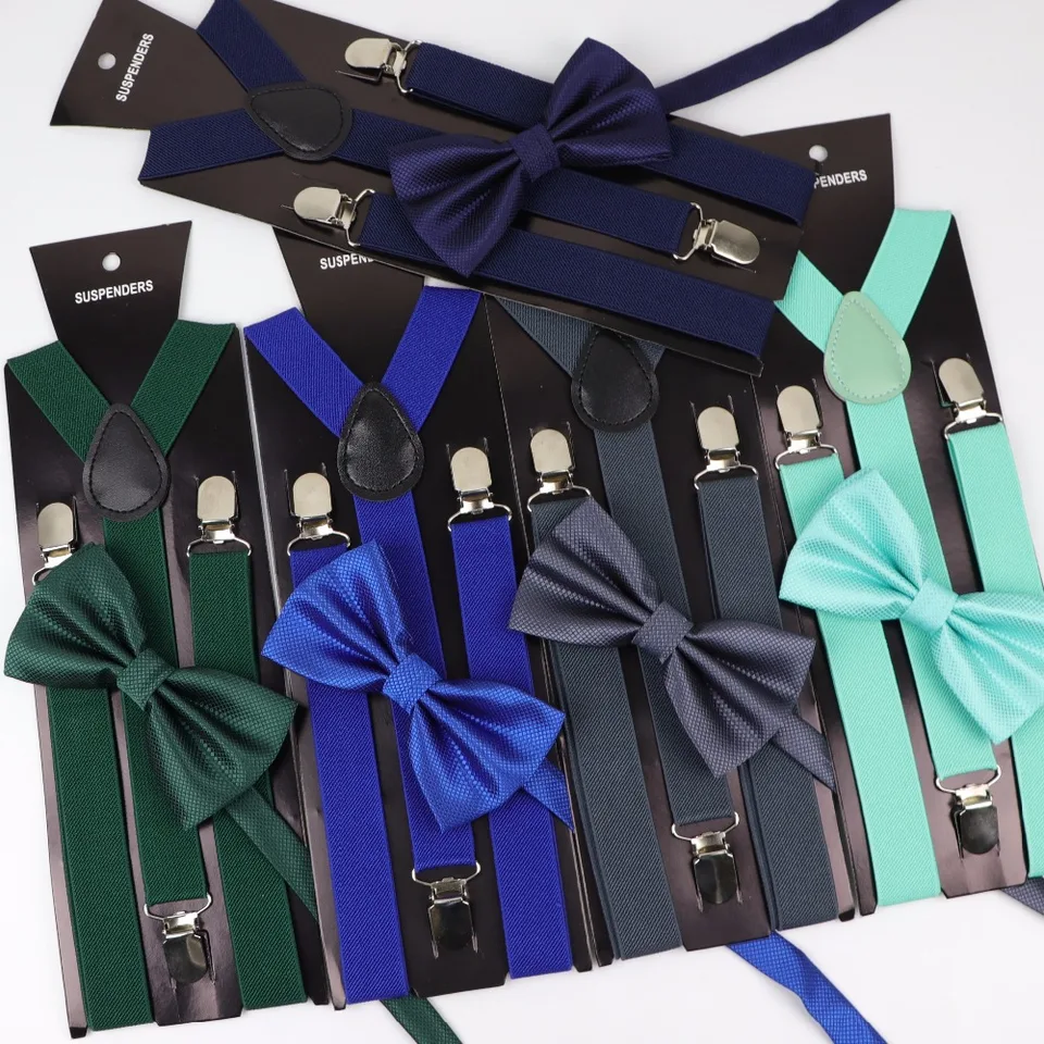 Soild Color Man Polyester Belt Balt Set Set Woman Pánske podväzky motýľový klip-on y-back rovnátka elastické ženy nastaviteľné