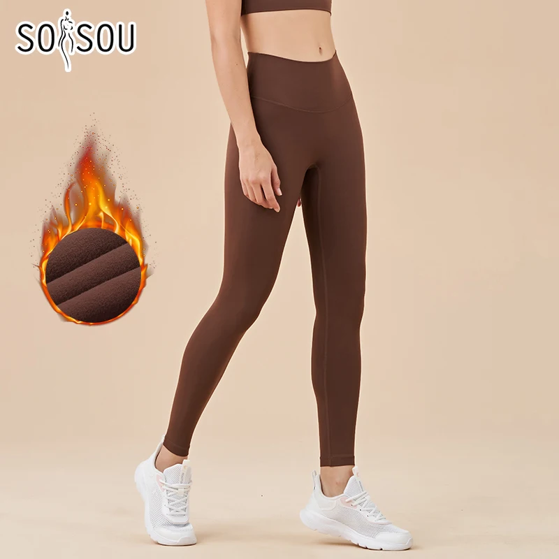Soisou nylon zimné teplé legíny jogy telocvične Dámske nohavice neviditeľné vrecko na pás mäkký elastický pás s vysokým pásom sexy žena oblečenie