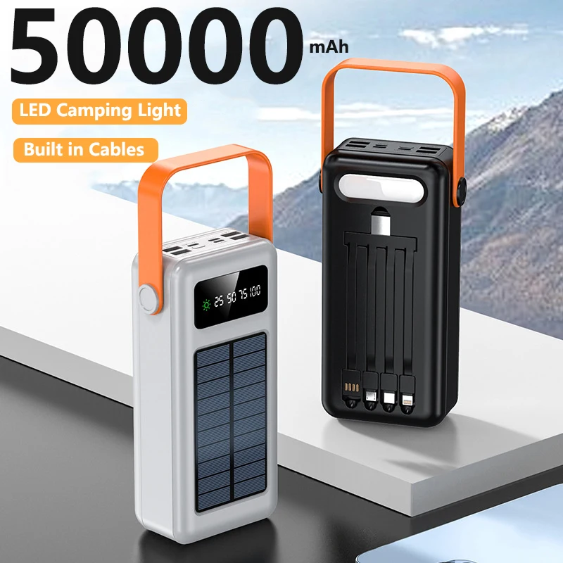 Solar Power Bank 50000MAH vstavaný prenosný nabíjačku kábla Externá batéria Powerbank 50000 pre iPhone Xiaomi Samsung Huawei