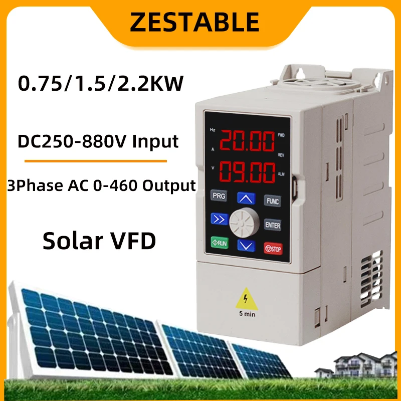 Solar VFD DC250-880V na AC Trojfázový 0-460V prevodník 0,75/1,5/2,2 kW s MPPT Control Solar Pump VFD