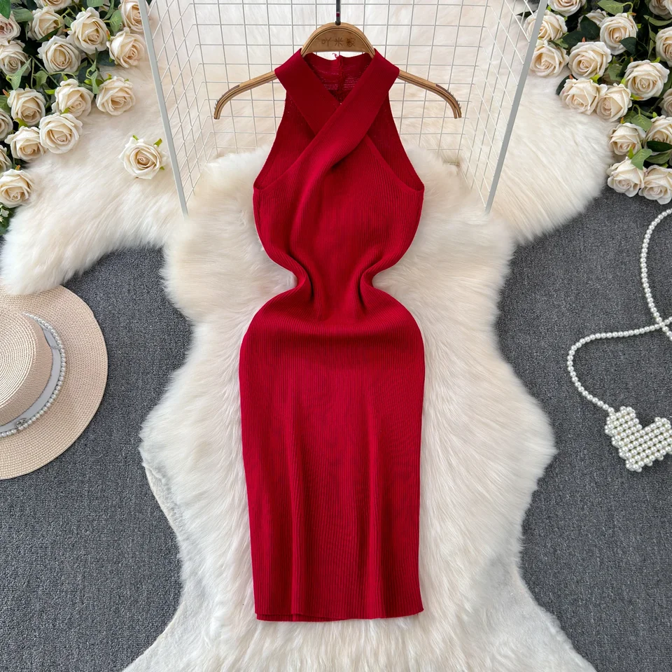 Solid 2024 Krížové pletené ženy Obliekajú letný remienok bez rukávov bez rukávov šaty Bodycon šaty Europe halter dámy sexy midi dlhé šaty