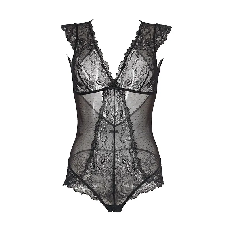 Solid Black V-krk kvetinové čipky prezeranie backless Open Crotch bez rukávov Ženy Bodysuit Sexy spodná bielizeň Teddy spodná bielizeň SLA050
