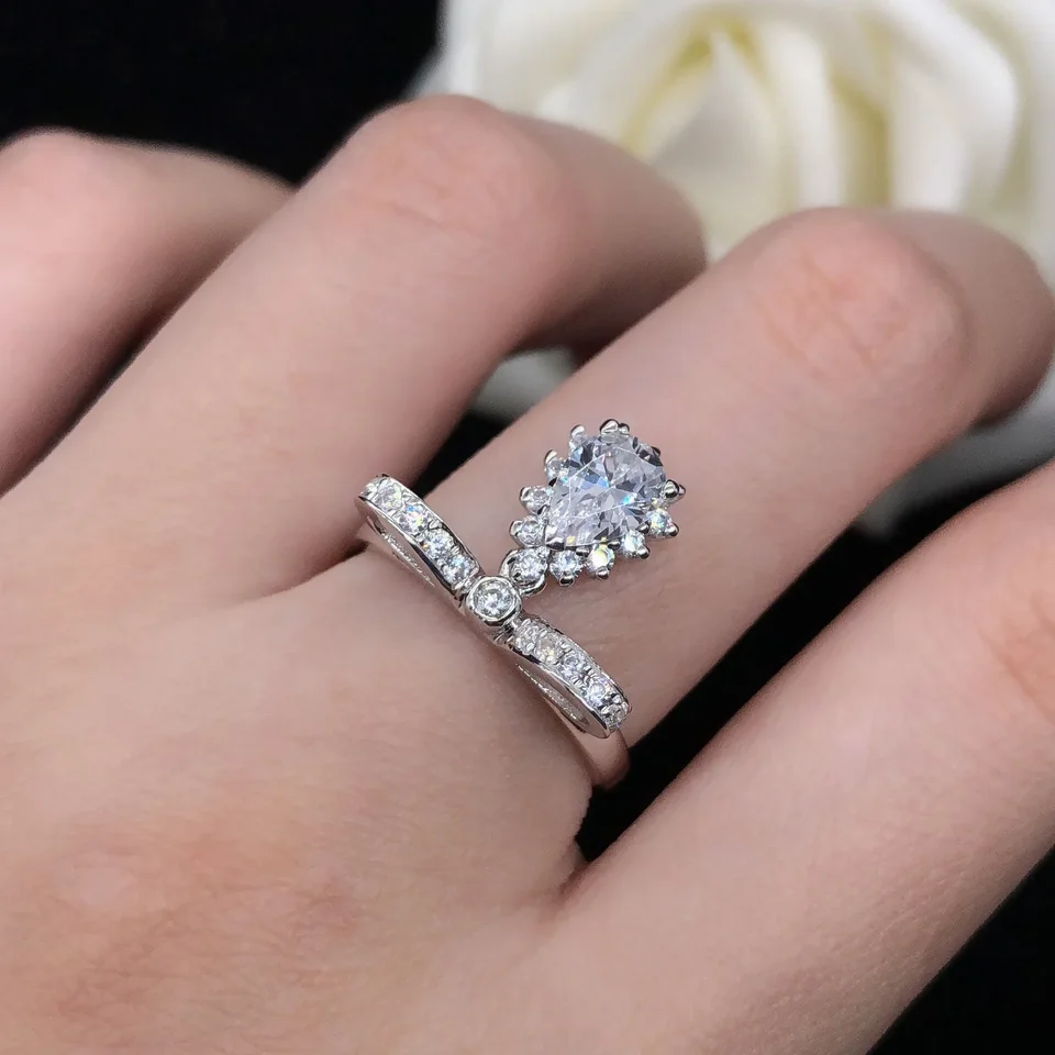 Solité 14k biele zlato AU585 Diamond Ring Ring Arm Micro-Set s príveskom vykladané dámske svadobné snubný prsteň na Valentína Darček