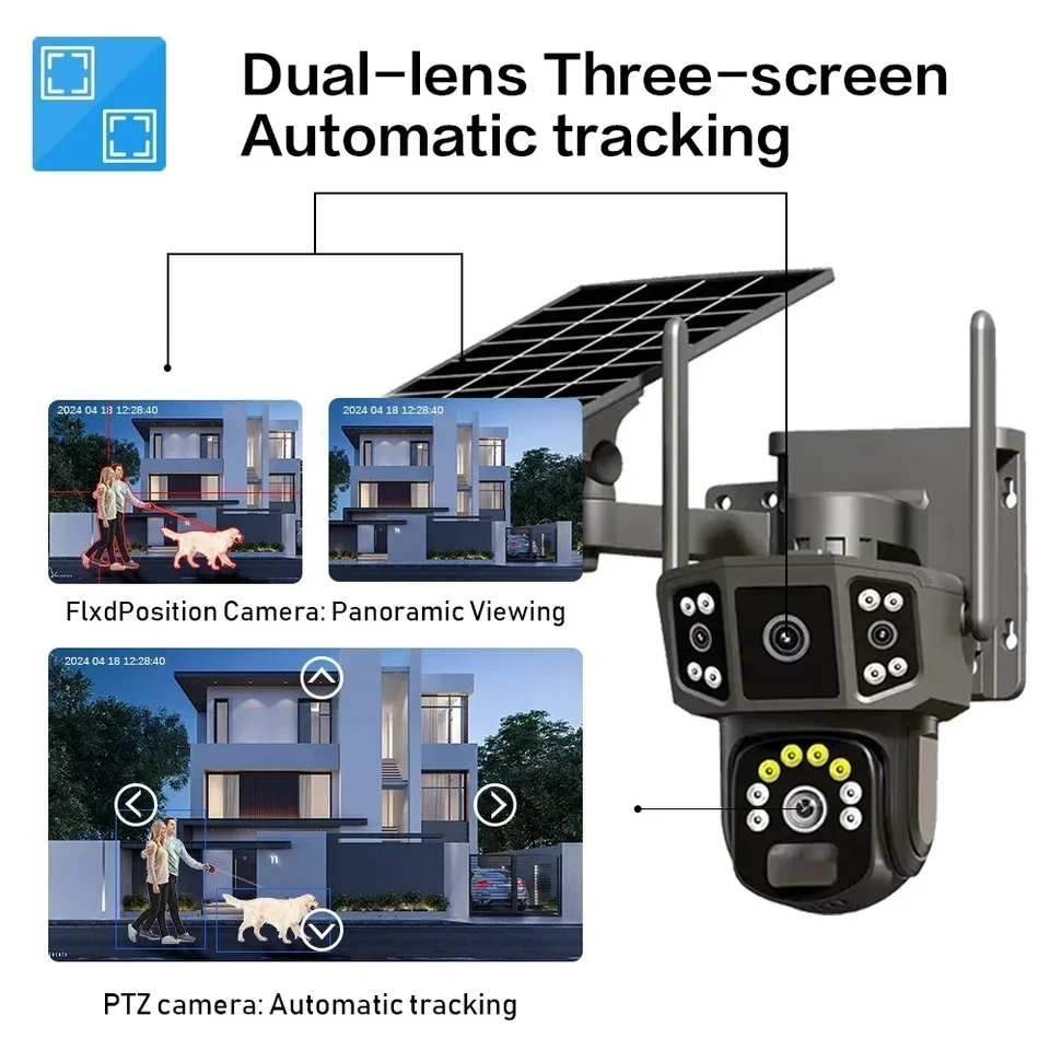 Solárna kamera 4G SIM karta WiFi Wireless Network 360 IP 8MP 4K HD CCTV batéria Duálna šošovka Outdoor Smart Home Security Dohľad