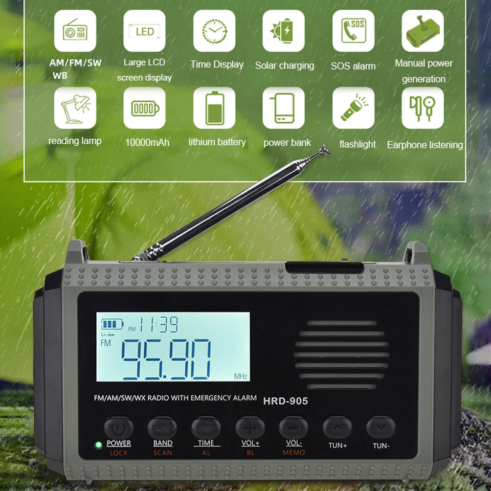 Solárna ruka kľuka AM FM SW NOAA LAMP RADIO RADIO RADIOM 10000MAH