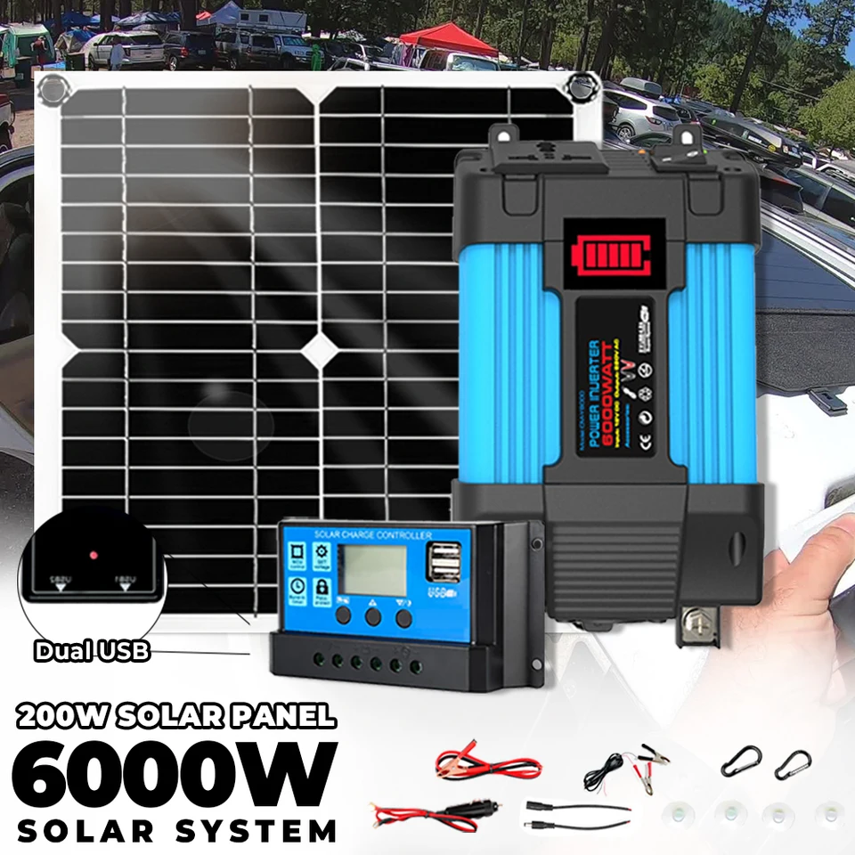 Solárna súprava mimo mriežky 110V/220V 6000W Inverter 30A Controller Solar Power Bank System 200W 5V solárny panel kemping pre domácu zástrčku